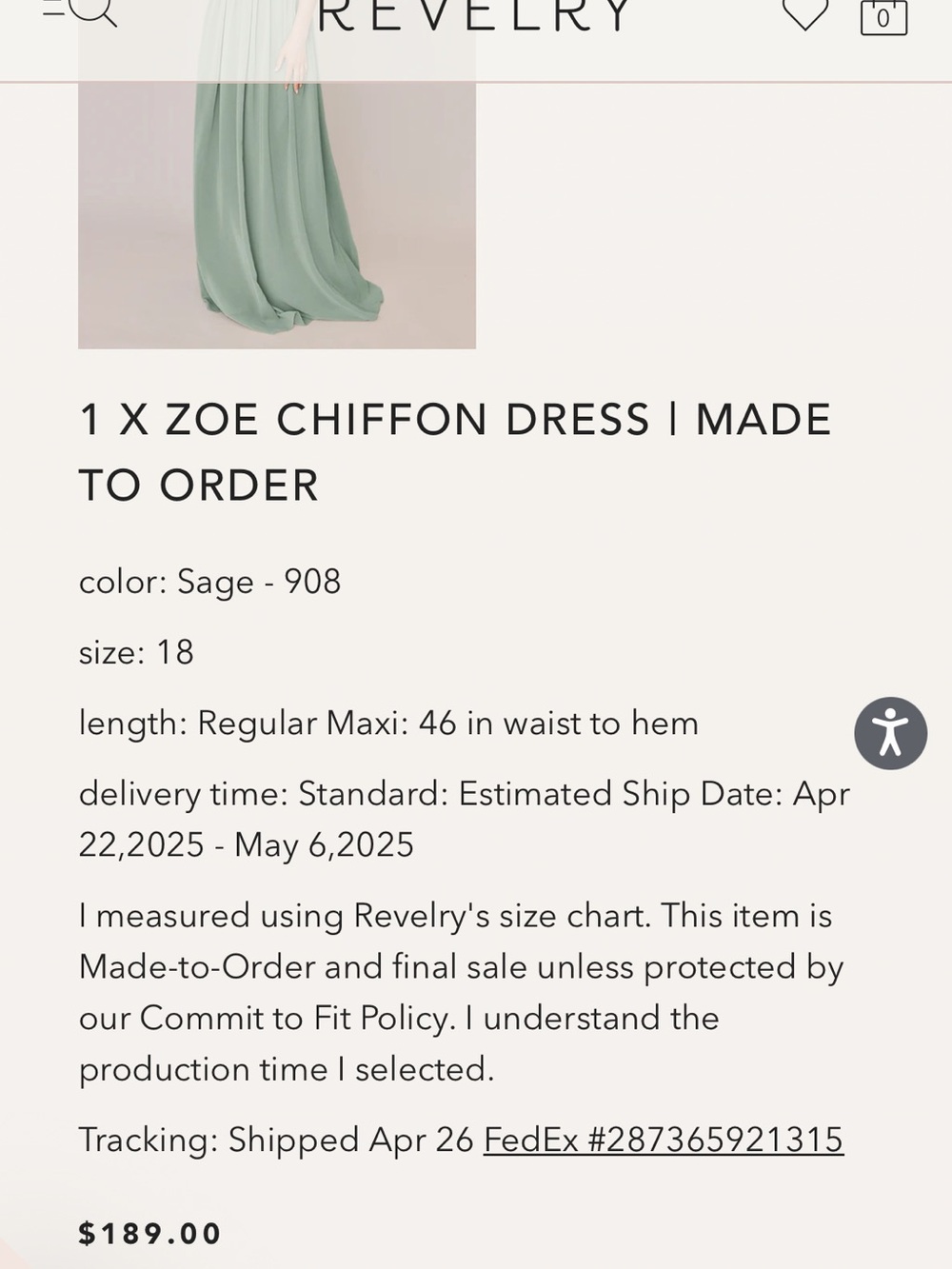 Revelry Zoe Chiffon Dress in Sage (908) - Size 18 - Picture 5 of 5